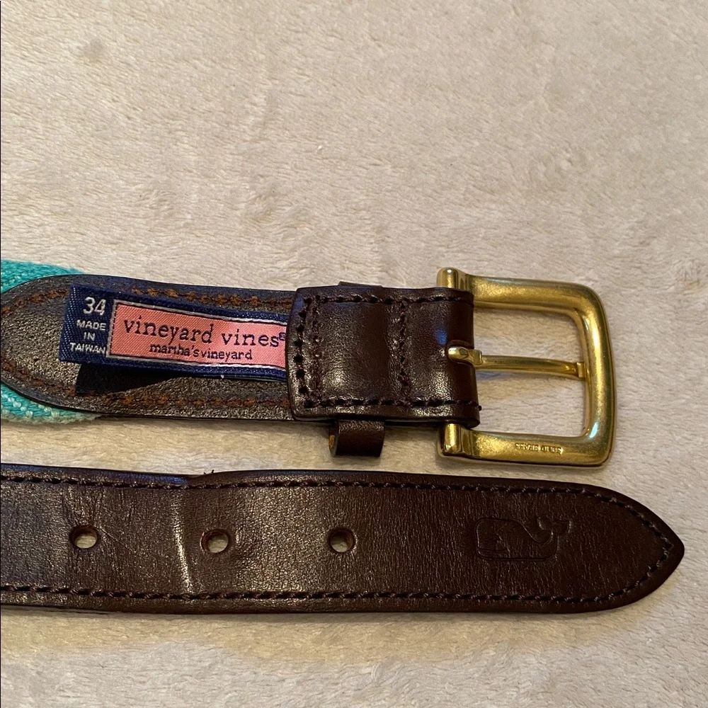 Vineyards Vines mint green woven belt with dark brown leather and brass buckle